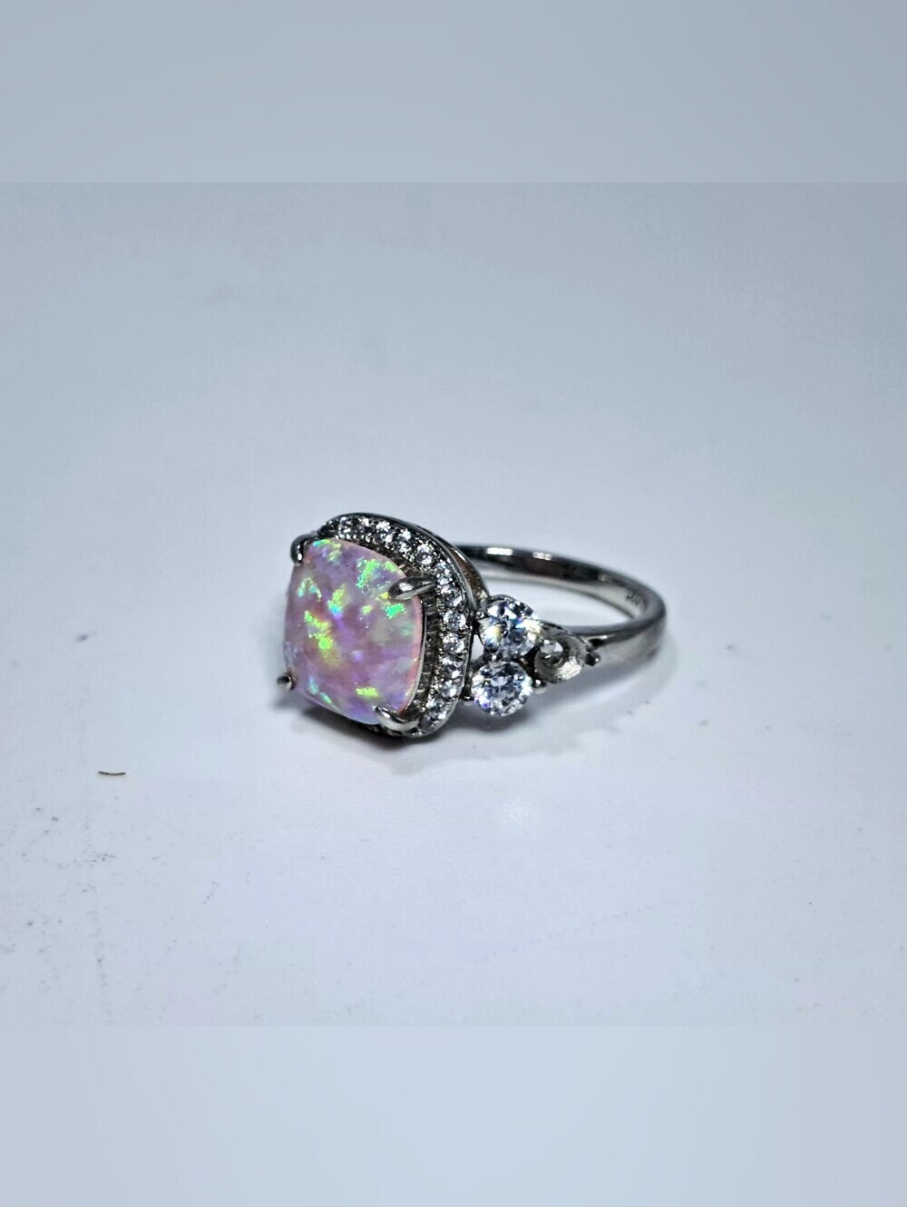 Pink Fire Opal & Moissanite Accent Halo Ring in 925 Sterling Silver Size 4.5